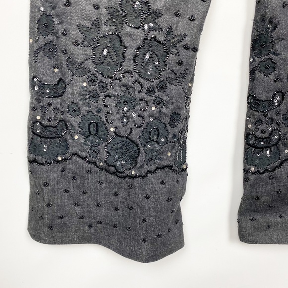 Escada Embroidered Beaded Black Denim Wide Leg Pant 42 - Picture 3 of 10
